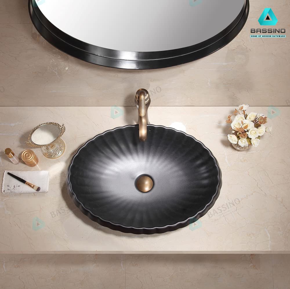 BASSINO Art Wash Basin Countertop, Tabletop Ceramic Bathroom Sink/Basin (MATT BLACK) (590x435x180mm) (BTT-1032)