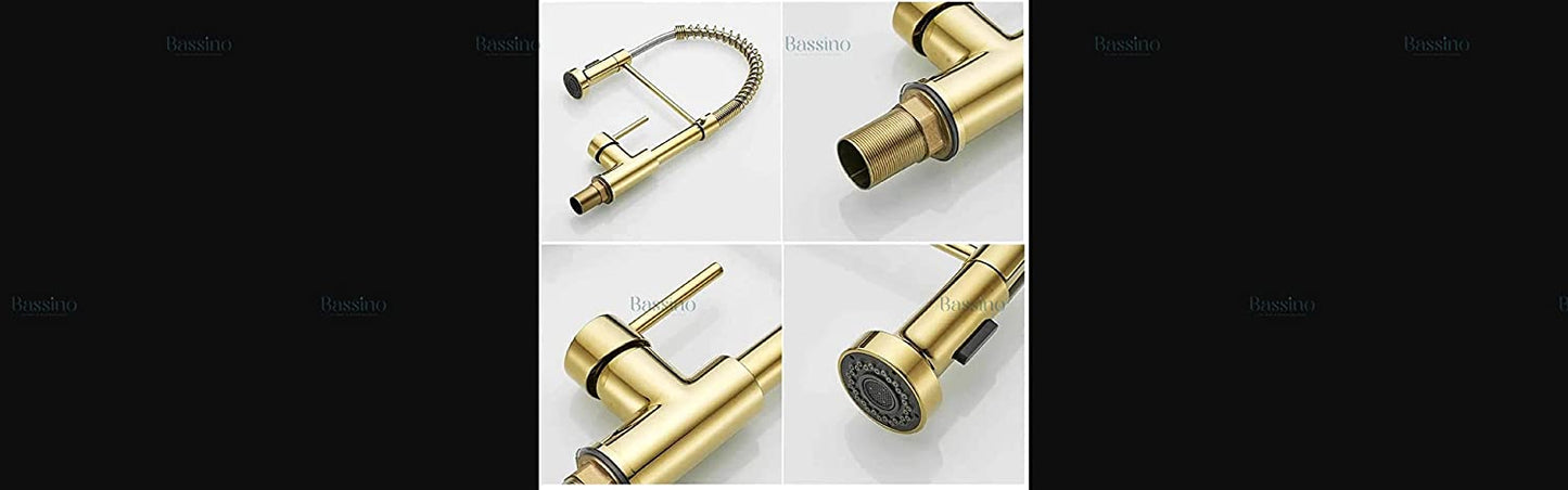 BASSINO Kitchen Faucet Brass Single Lever Kitchen Sink Tap Faucet Mixer Tap Pullout Sprayer with Multi-Function Spray Head Technology Sink Faucet 360° Rotatable Kitchen Water Tap (Gold) BTT-2101