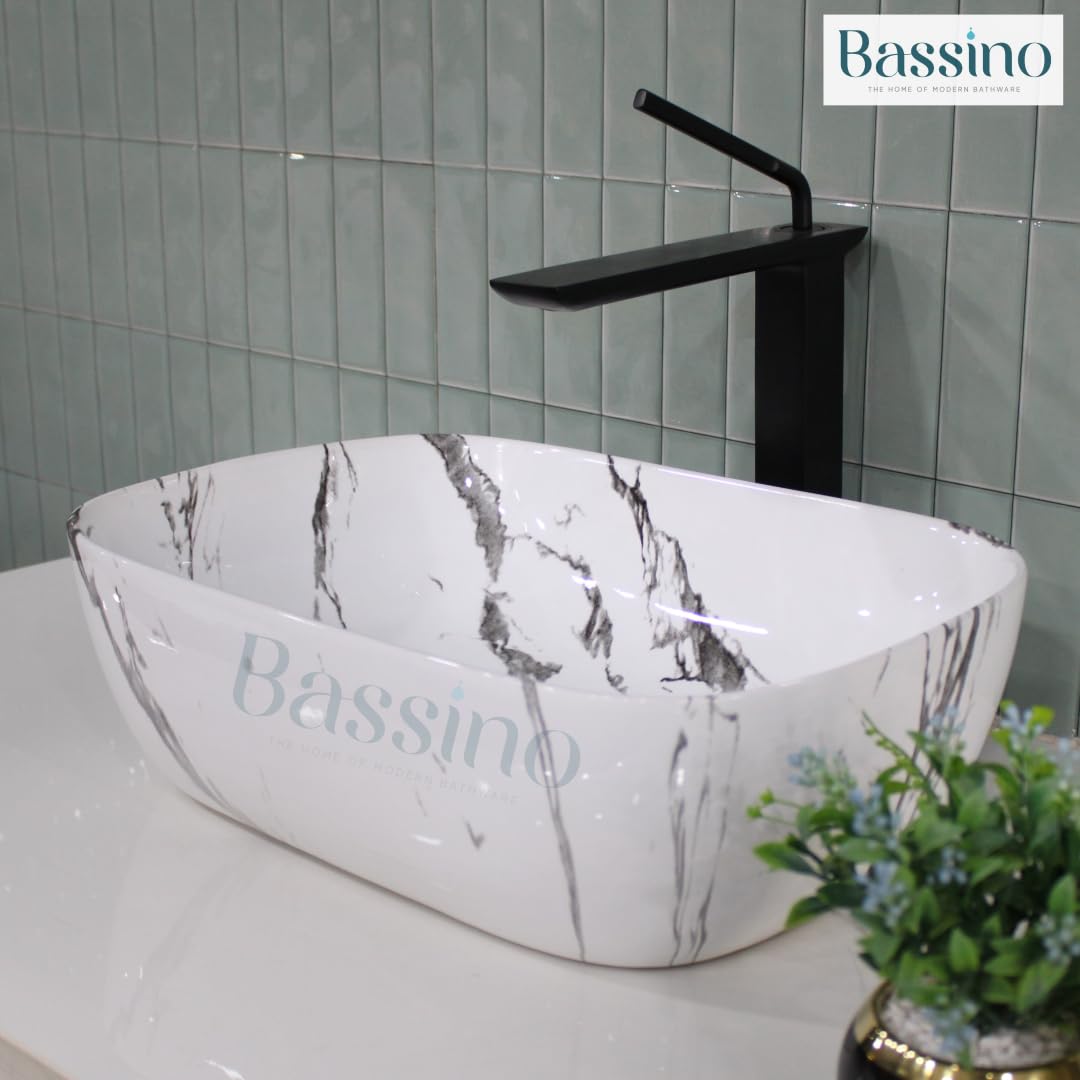 BASSINO Art Wash Basin Countertop, Tabletop Ceramic Bathroom Sink/Basin WHITE MARBLE (455X325X145 MM) BTT-551