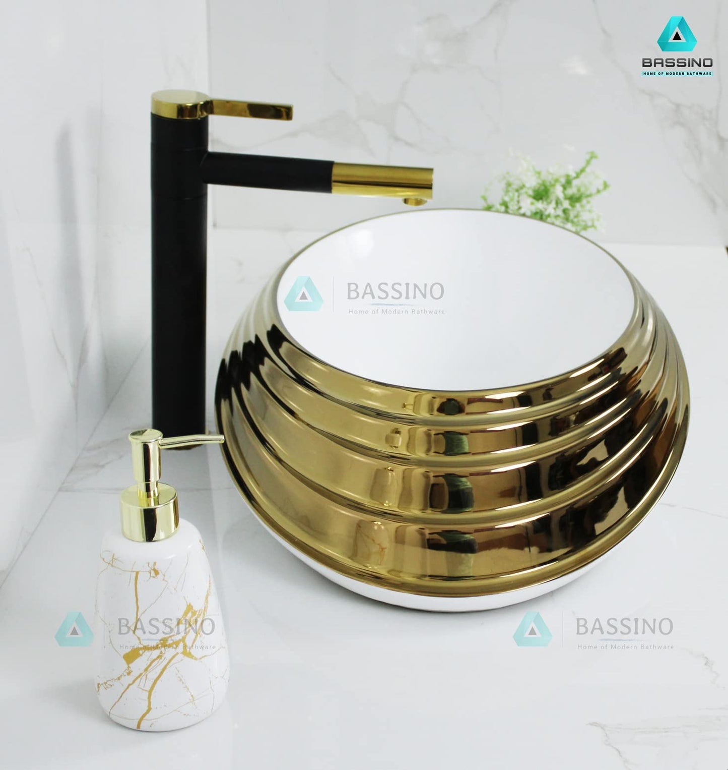 BASSINO Art Wash Basin Countertop, Tabletop Ceramic Bathroom Sink (520x380x150mm, Gold)