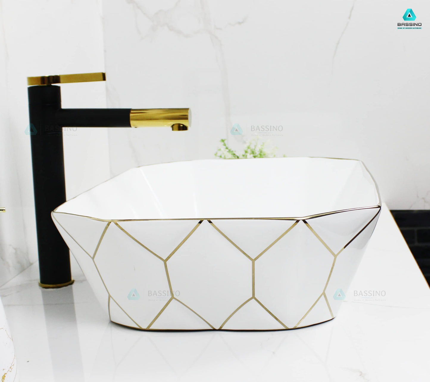 BASSINO Design Wash Basin Ceramic Tabletop Marble Bathroom Sink/Countertop Vessel Sink for Bathroom & Living Room - 500 x 360 x 140 mm (White Gold)