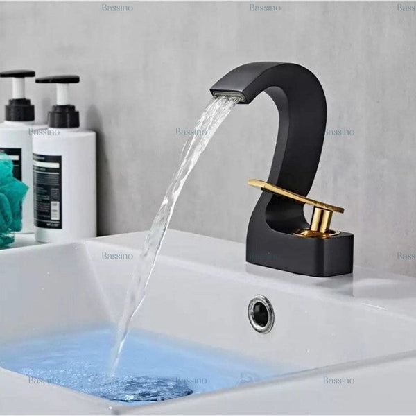 BASSINO Stylish Bathroom Faucet with Single Lever - Waterfall Bathroom Basin Faucet of Brass - Hot and Cold Water Mixer Antique Tap for Bathroom (Black & Gold) BTT-2108