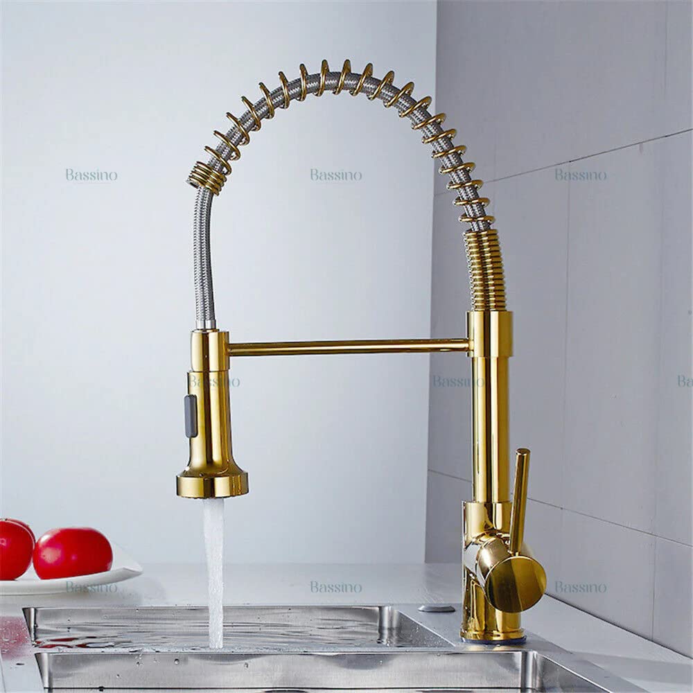 BASSINO Kitchen Faucet Brass Single Lever Kitchen Sink Tap Faucet Mixer Tap Pullout Sprayer with Multi-Function Spray Head Technology Sink Faucet 360° Rotatable Kitchen Water Tap (Gold) BTT-2101