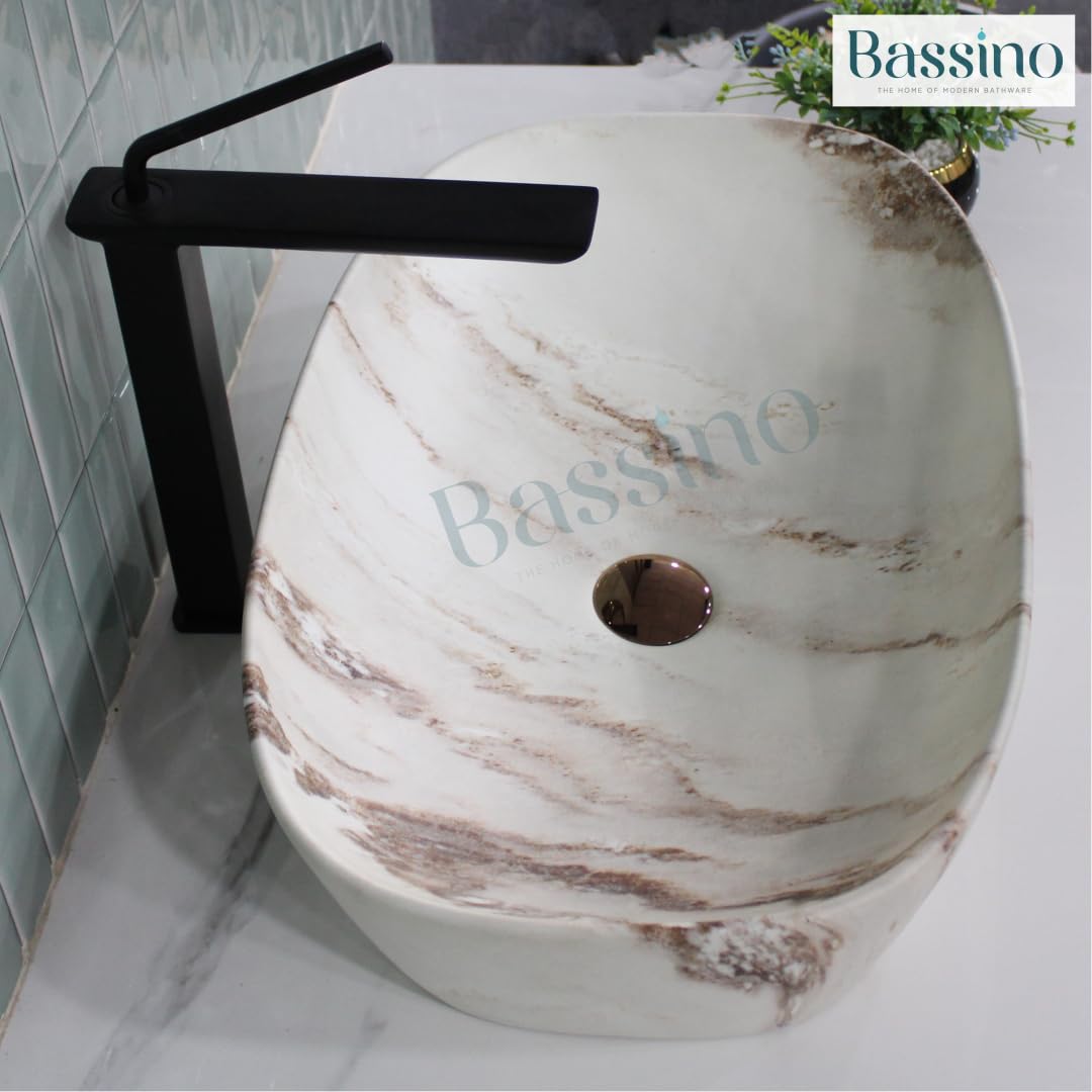 BASSINO Art Wash Basin Countertop, Tabletop Ceramic Bathroom Sink/Basin (600x380x140mm) (Marble2)