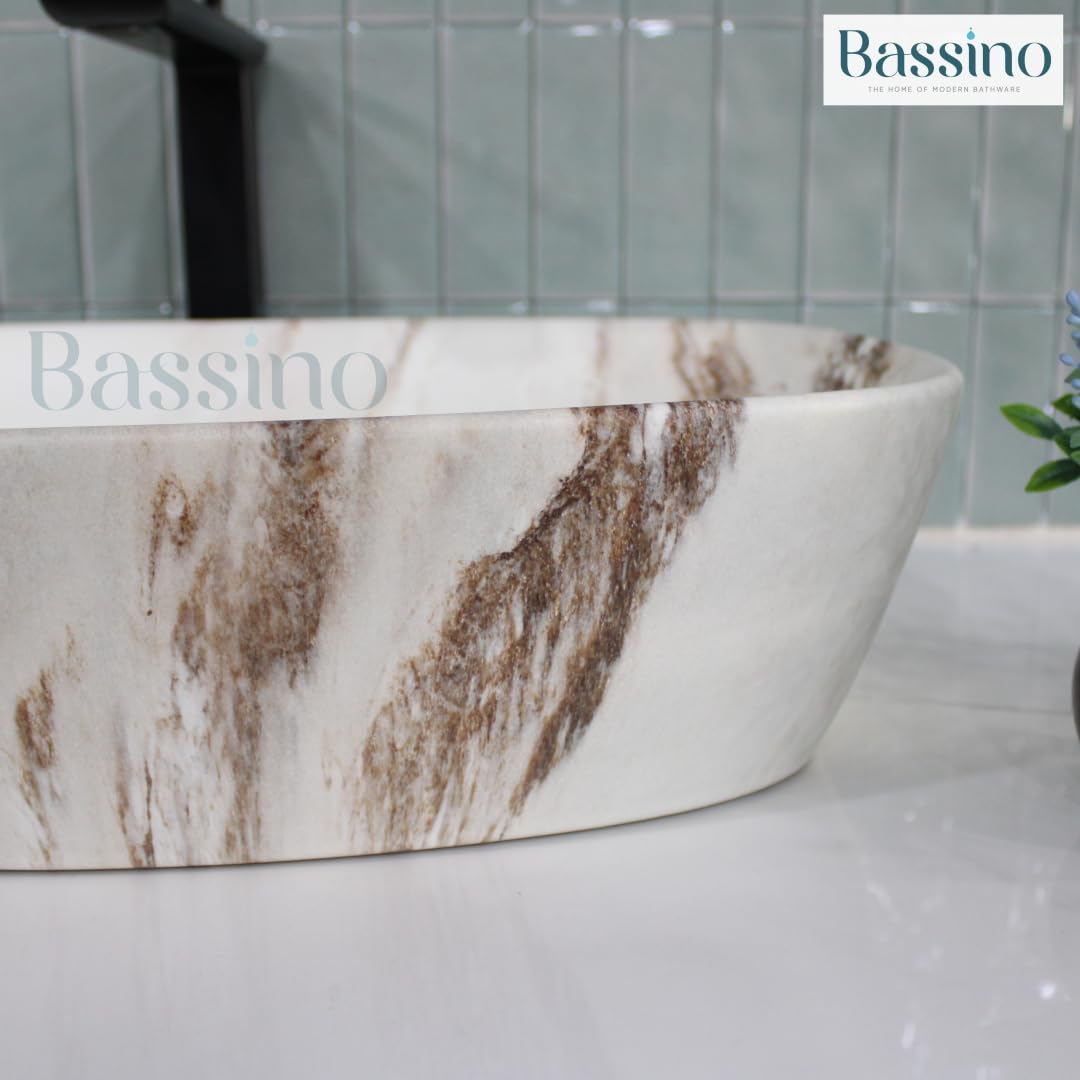 BASSINO Art Wash Basin Countertop, Tabletop Ceramic Bathroom Sink/Basin (600x380x140mm) (Marble2)