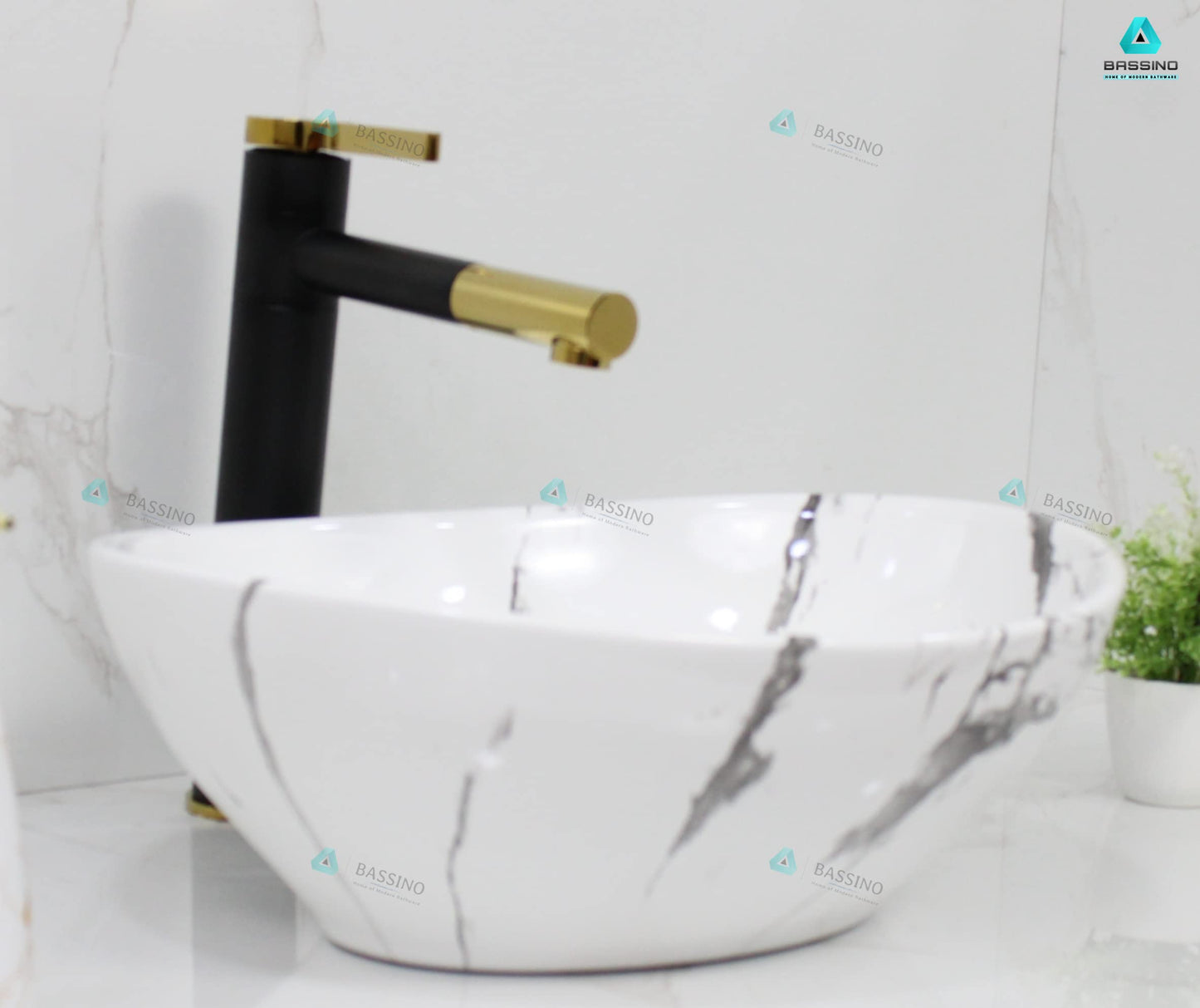 BASSINO Art Ceramic Wash Basin Countertop/Tabletop Bathroom Sink/Vessel Sink for Bathroom - Satvario Marble (410 x 340 x 145 mm)