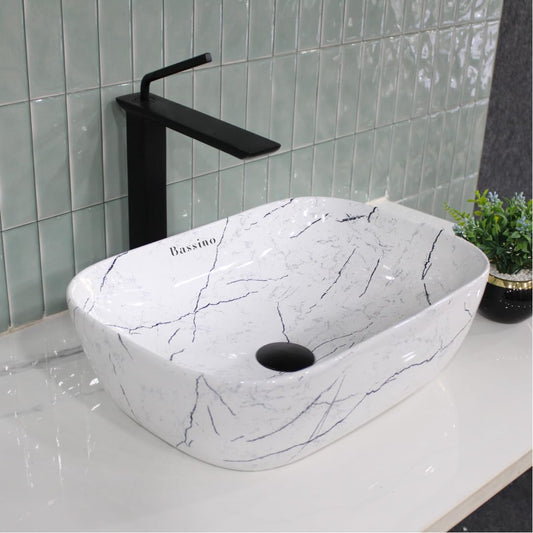 Bassino Ceramic Wash Basin Table Top Counter for Bathroom, Kitchen, Dining Hall, Living Room,Balcony, Home, Office - White New Marble (455 x 325 x 135 mm)