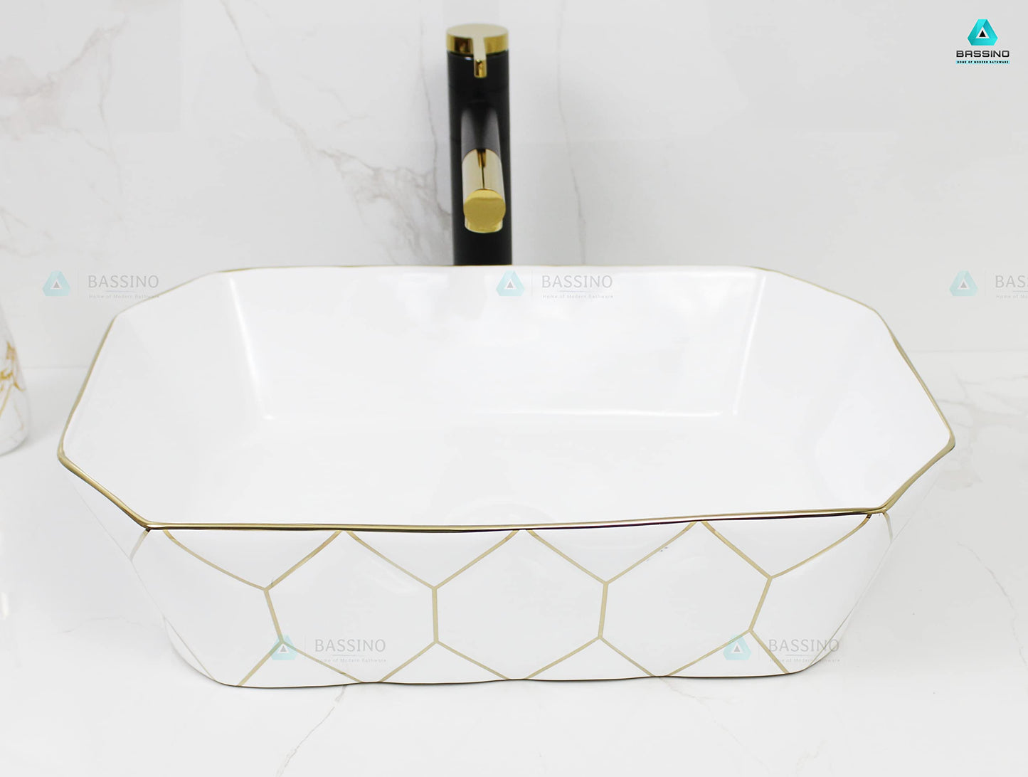 BASSINO Design Wash Basin Ceramic Tabletop Marble Bathroom Sink/Countertop Vessel Sink for Bathroom & Living Room - 500 x 360 x 140 mm (White Gold)