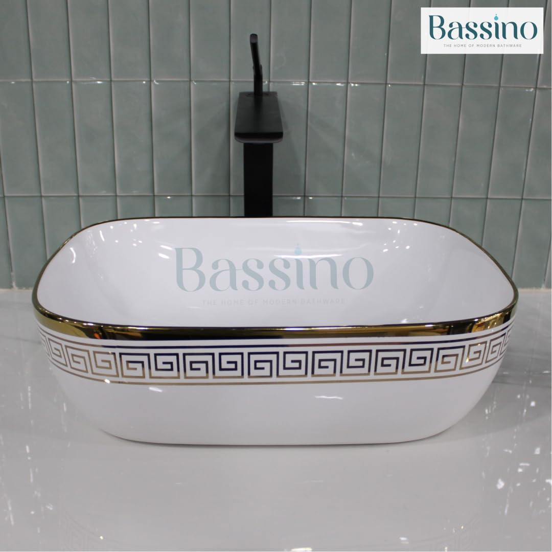 Bassino Ceramic Wash Basin Table Top Counter for Bathroom, Kitchen, Dining Hall, Living Room,Balcony, Home, Office - White Gold (455 x 325 x 135 mm)