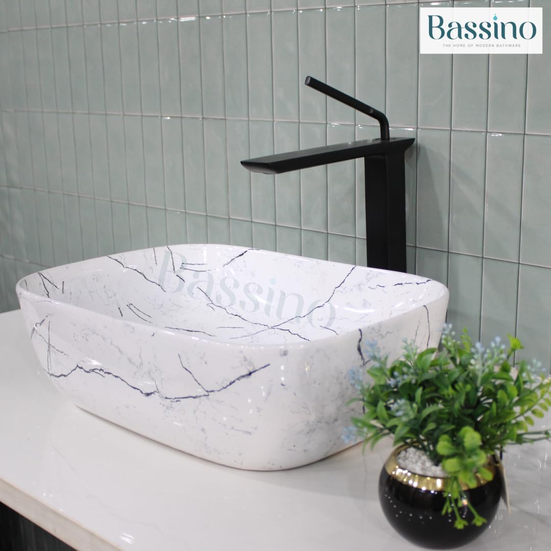 Bassino Ceramic Wash Basin Table Top Counter for Bathroom, Kitchen, Dining Hall, Living Room,Balcony, Home, Office - White New Marble (455 x 325 x 135 mm)