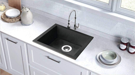 BASSINO Granite/Quartz Kitchen Sink - 24 x 18 x 8 inch Vessel Sink,undermount kitchen sink with sink coupling/Waste Pipe (Metalic Black)