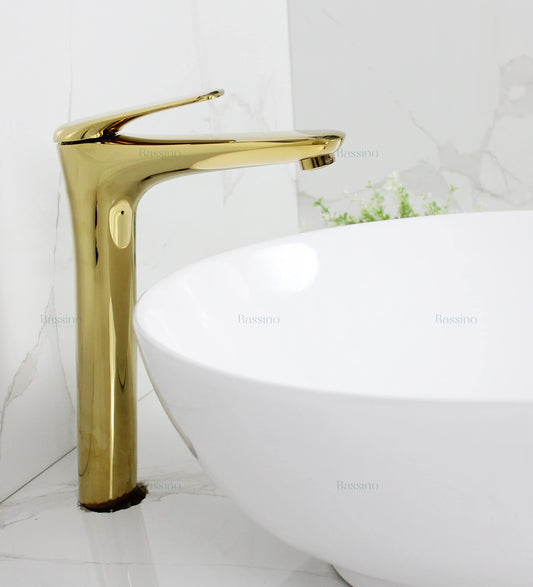 BASSINO Stylish Bathroom Faucet with Single Lever - Waterfall Bathroom Basin Faucet of Brass - Hot and Cold Water Mixer Antique Tap for Bathroom (Gold) BTT-2090