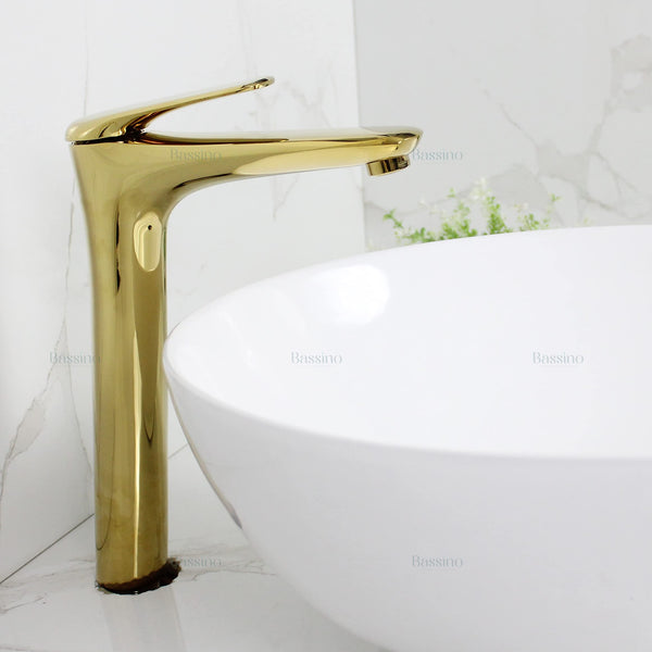 BASSINO Stylish Bathroom Faucet with Single Lever - Waterfall Bathroom Basin Faucet of Brass - Hot and Cold Water Mixer Antique Tap for Bathroom (Gold) BTT-2090