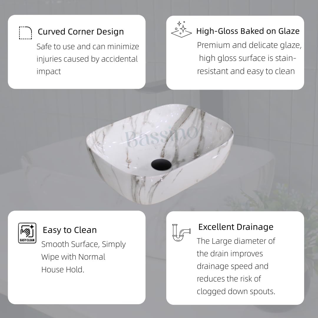 BASSINO Art Wash Basin Countertop, Tabletop Ceramic Bathroom Sink/Basin-WHITE MARBLE-(455x325x145 MM)-NS-112