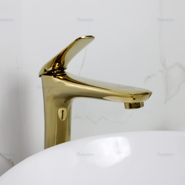 BASSINO Stylish Bathroom Faucet with Single Lever - Waterfall Bathroom Basin Faucet of Brass - Hot and Cold Water Mixer Antique Tap for Bathroom (Gold) BTT-2090