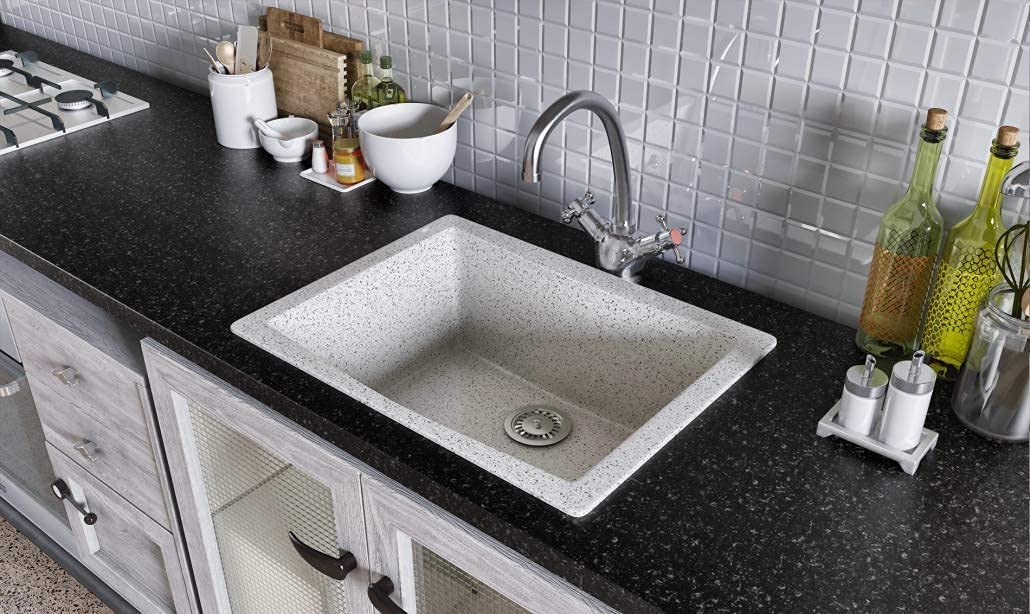 BASSINO Granite/Quartz Kitchen Sink - 24 x 18 x 8 inch Vessel Sink,undermount kitchen sink with sink coupling/Waste Pipe (Granite SnowSand)