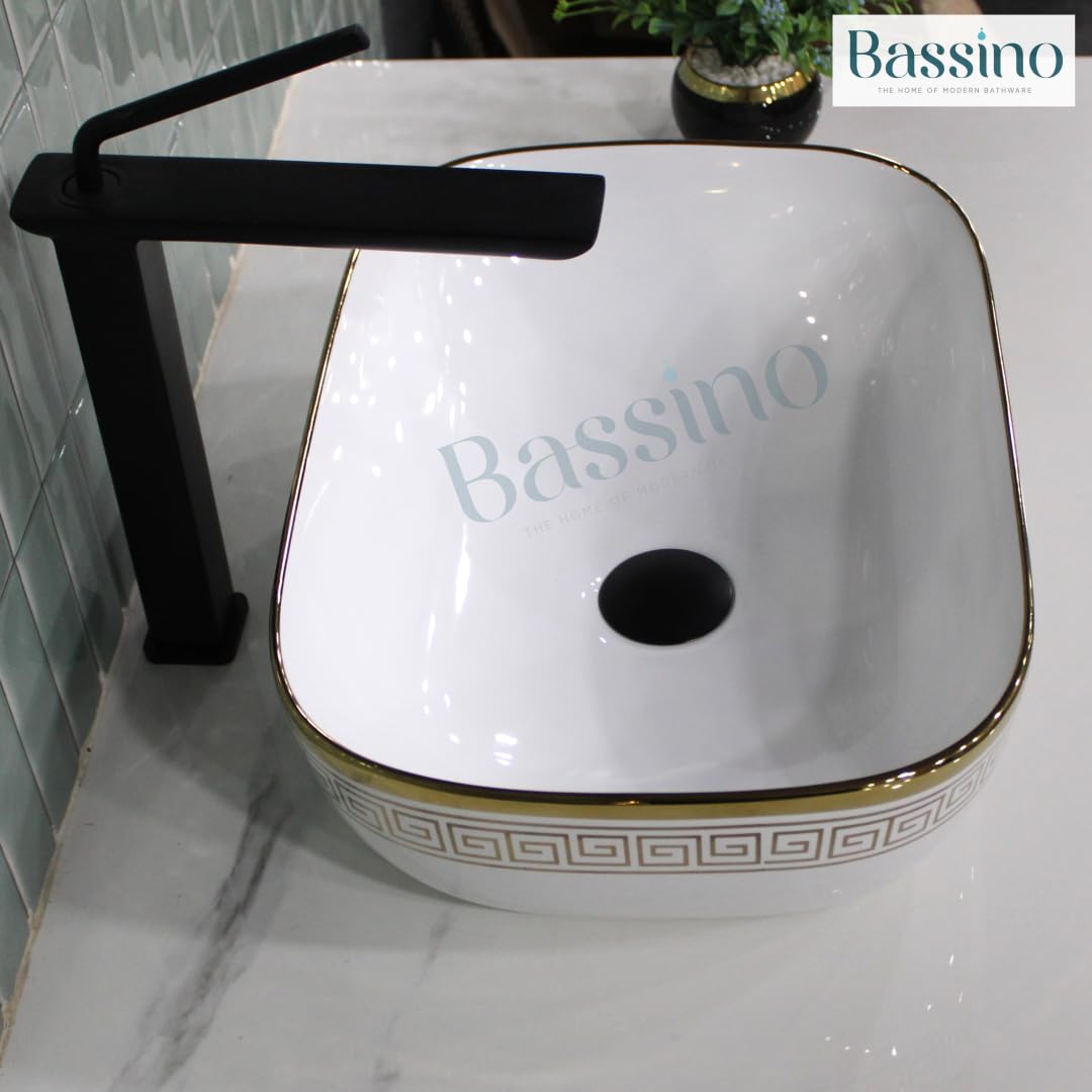 Bassino Ceramic Wash Basin Table Top Counter for Bathroom, Kitchen, Dining Hall, Living Room,Balcony, Home, Office - White Gold (455 x 325 x 135 mm)