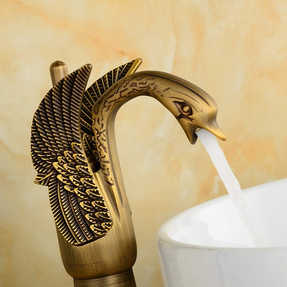 BASSINO Brass Antique Finish Swan Shape Bathroom Sink Wash Basin Mixer Tap Single Handle Hot & Cold Waterfall Lavatory Sink Faucet for Living Room & Bathroom (BTT-2049, 12 INCH)