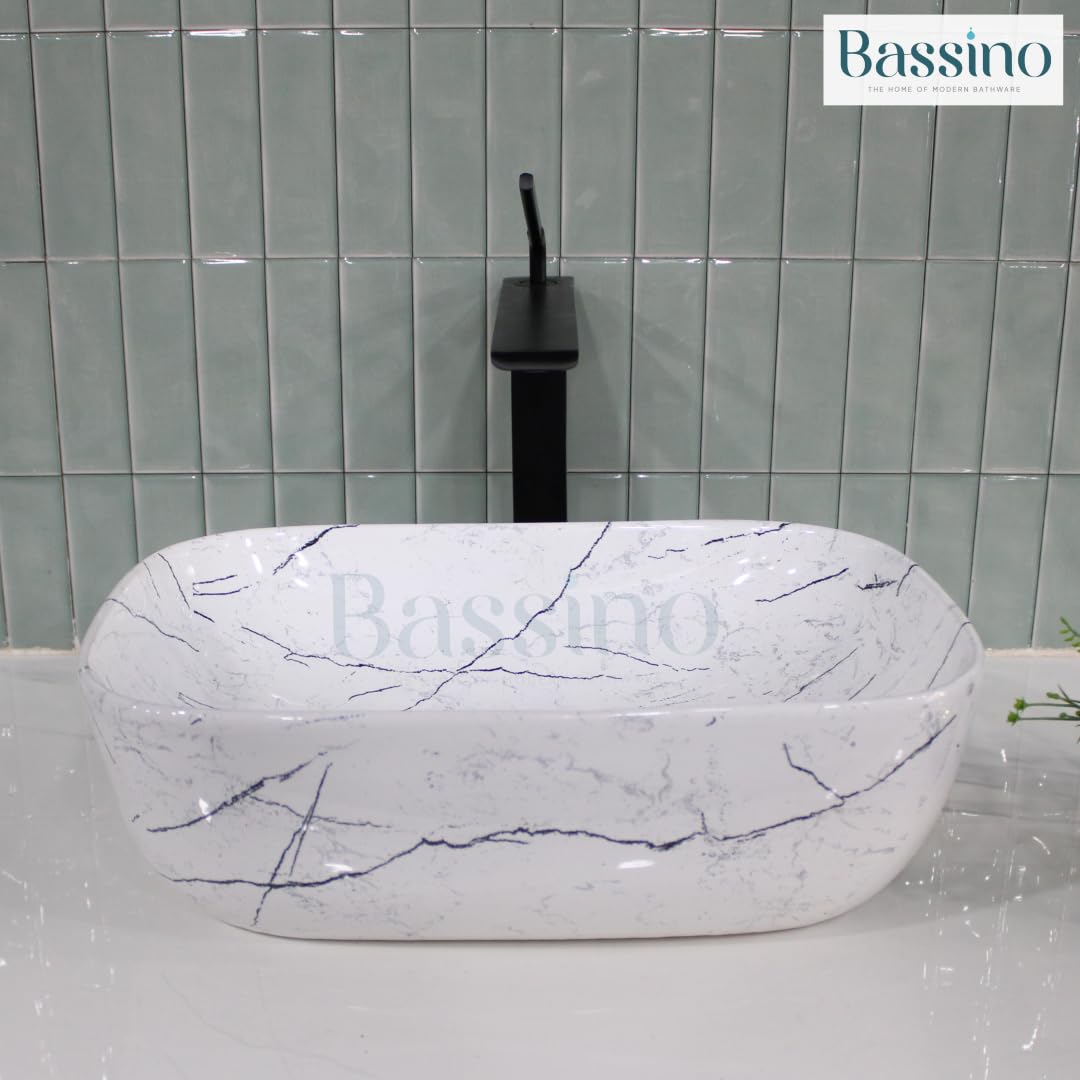 Bassino Ceramic Wash Basin Table Top Counter for Bathroom, Kitchen, Dining Hall, Living Room,Balcony, Home, Office - White New Marble (455 x 325 x 135 mm)