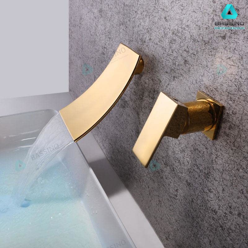 BASSINO Gold Waterfall Faucet Tap Wall Brass Basin Mixer Wall Mixer Sink Mixer Hot and Cold, Golden Colour Faucet Tap (BTT-2067) (Gold)