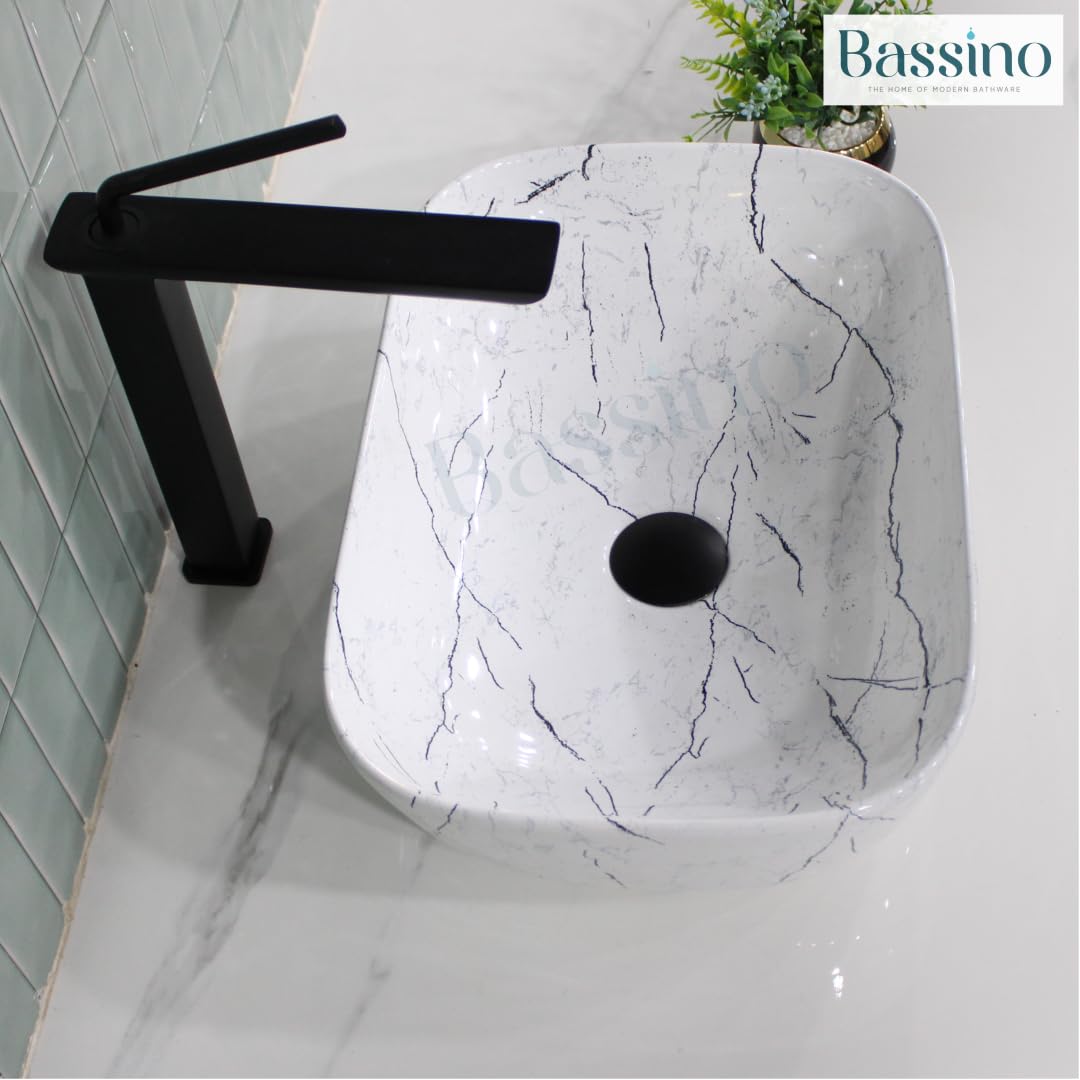 Bassino Ceramic Wash Basin Table Top Counter for Bathroom, Kitchen, Dining Hall, Living Room,Balcony, Home, Office - White New Marble (455 x 325 x 135 mm)