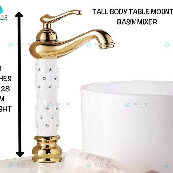 BASSINO Stylish Bathroom Faucet with Single Lever -Bathroom Basin Faucet of Brass - Hot and Cold Water Mixer Tap for Bathroom (Gold) BTT_2012
