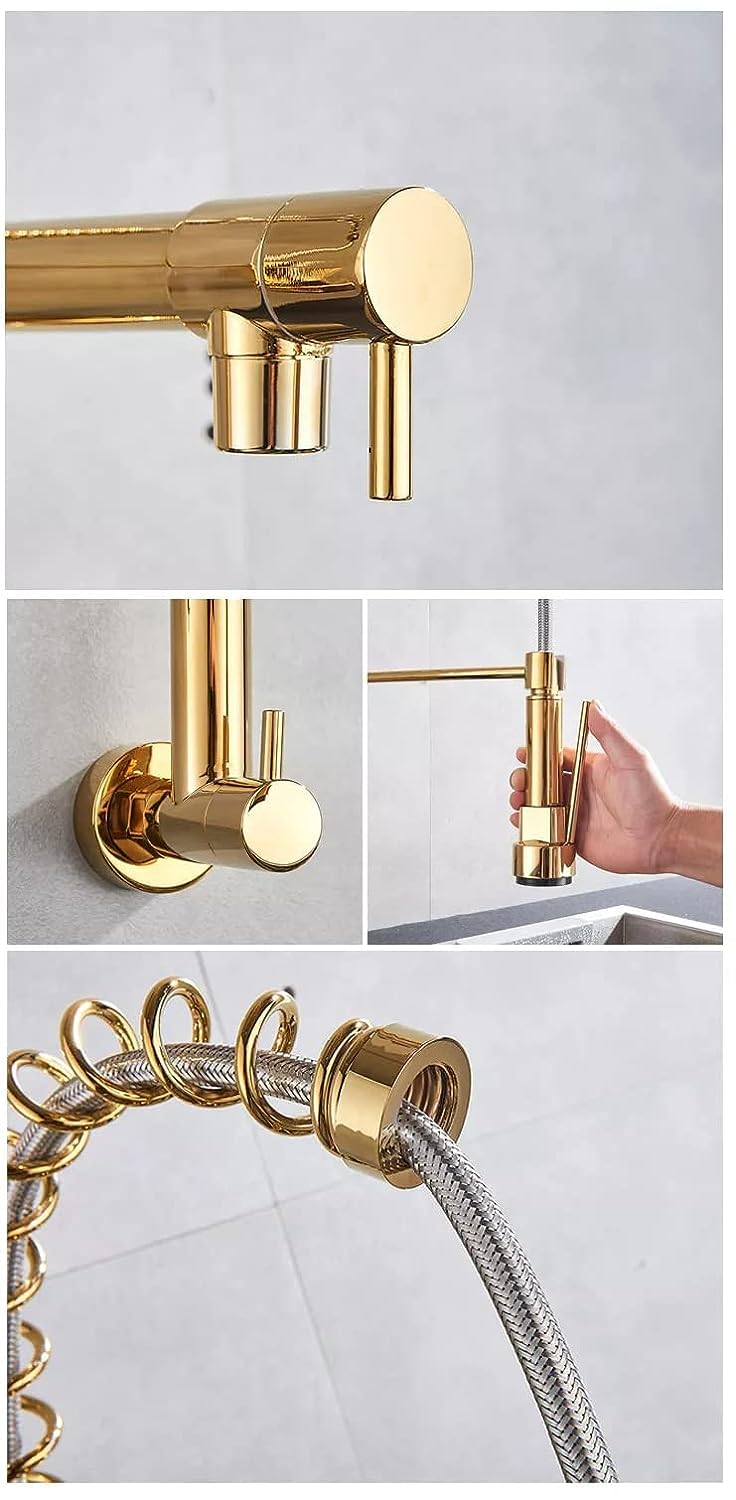 BASSINO Brass Wall-Mount Sink Tap for Kitchen Pullout Sink Tap Faucet Single Lever Kitchen Faucet-Kitchen Water Tap (Gold) (BTT-2110)