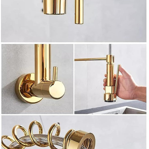 BASSINO Brass Wall-Mount Sink Tap for Kitchen Pullout Sink Tap Faucet Single Lever Kitchen Faucet-Kitchen Water Tap (Gold) (BTT-2110)