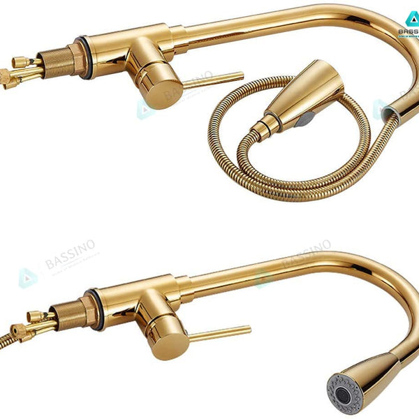 BASSINO Gold Kitchen Faucet with Pull Down Sprayer,Pro-Style Spring Sprayer SS 304 Pull-Down Kitchen Sink Faucet Tap (BTT-2066) (Gold Finish) (BTT-2066)