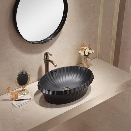 BASSINO Art Wash Basin Countertop, Tabletop Ceramic Bathroom Sink/Basin (MATT BLACK) (590x435x180mm) (BTT-1032)