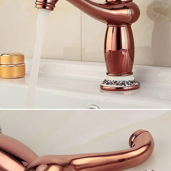 BASSINO Small Size Brass Bathroom Sink Wash Basin Mixer Tap Single Handle Hot & Cold Waterfall Lavatory Sink Faucet for Living Room & Bathrooms (Rose Gold)