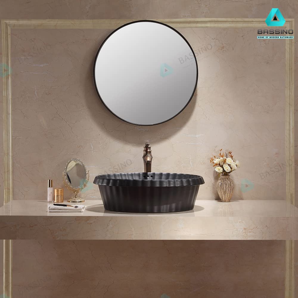 BASSINO Art Wash Basin Countertop, Tabletop Ceramic Bathroom Sink/Basin (MATT BLACK) (590x435x180mm) (BTT-1032)