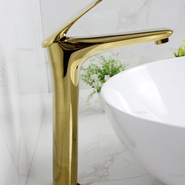 BASSINO Stylish Bathroom Faucet with Single Lever - Waterfall Bathroom Basin Faucet of Brass - Hot and Cold Water Mixer Antique Tap for Bathroom (Gold) BTT-2090