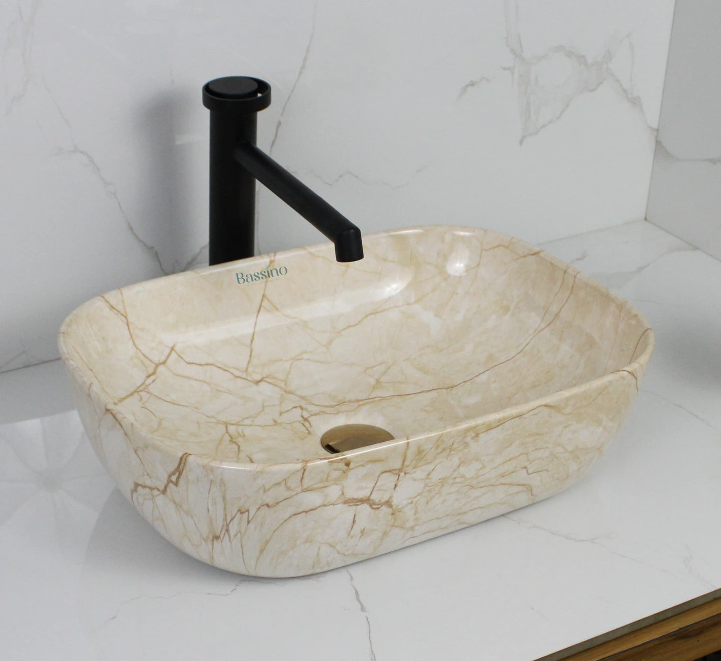 BASSINO Design Wash Basin Ceramic Tabletop Marble Bathroom Sink/Countertop Vessel Sink for Bathroom & Living Room - 455 x 325 x 135 mm (Ivory Marble)