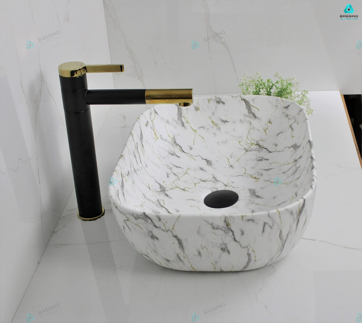 BASSINO Design Wash Basin Ceramic Tabletop Marble Bathroom Sink/Countertop Vessel Sink for Bathroom & Living Room - 455 x 325 x 145 mm (White Matt)