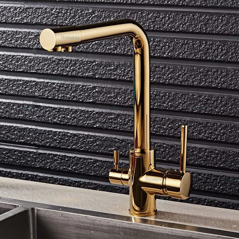 BASSINO Kitchen Faucet with Double Spout,Pro-Style SS 304 Kitchen Sink Faucet Tap with RO TAP (Gold) (BTT-2102)