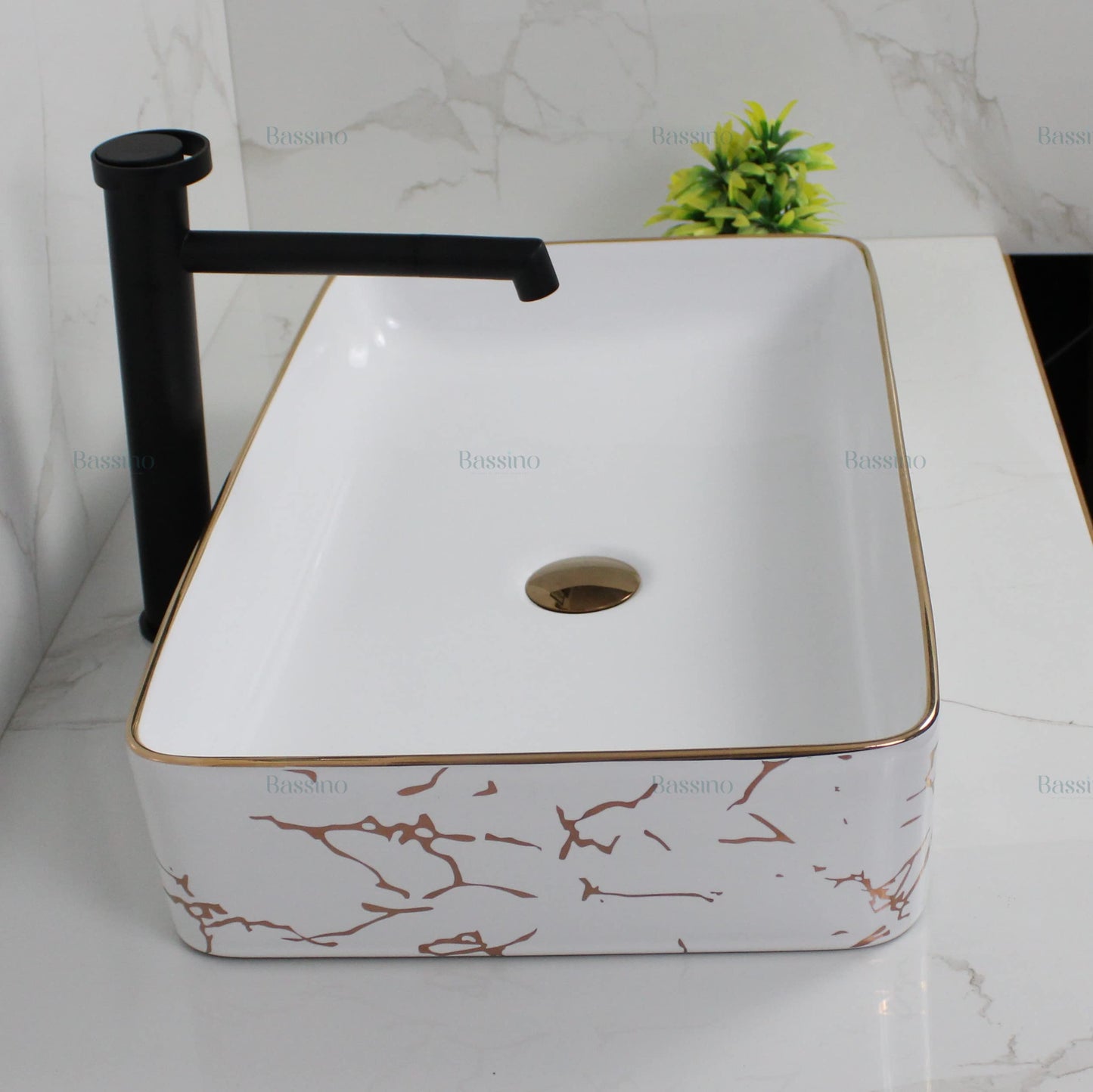 BASSINO Art Wash Basin Countertop, Tabletop Ceramic Bathroom Sink/Basin (White & Gold) (610 x 335 x 110 MM) - BTT-1453