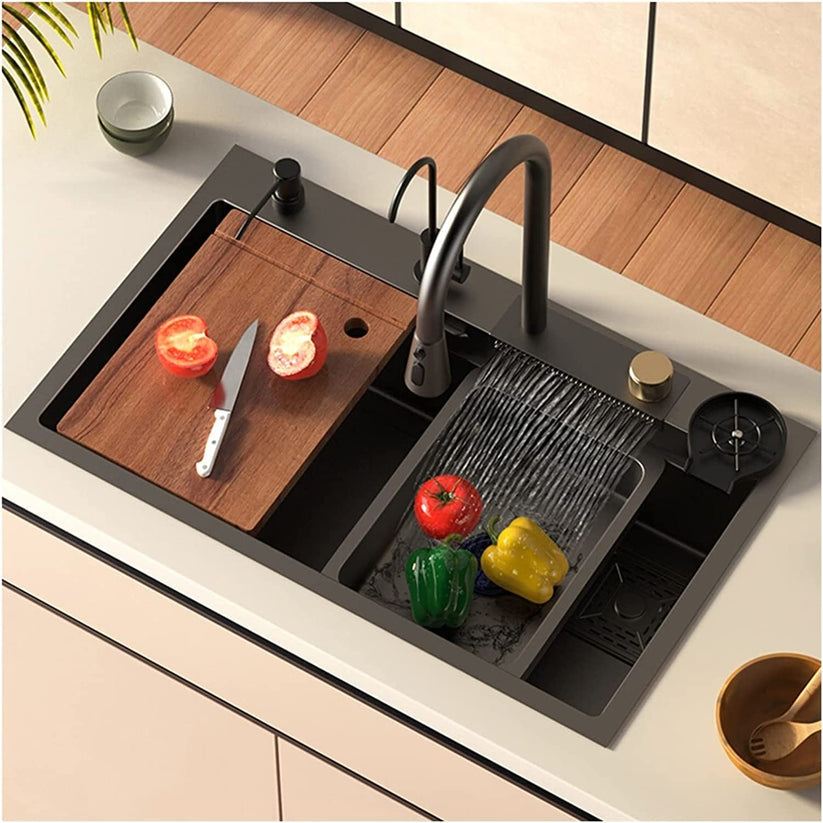 BASSINO Waterfall Kitchen Sink Nano Stainless Steel Single Bowl Black Color 30x18 Inches With Pull-Out And Waterfall Faucet, RO Tap, Cup Washer, Liquid dispenser, Drain Basket Handmade Multi-Purpose Sink