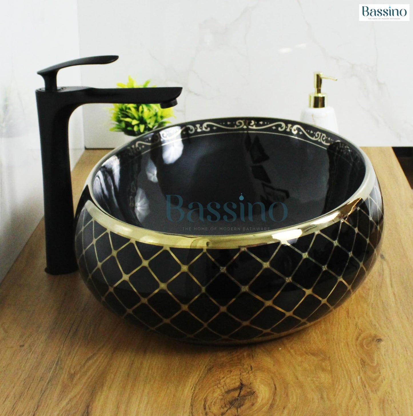 Bassino Ceramic Wash Basin Table Top Counter for Bathroom, Kitchen, Dining Hall, Living Room-Black Gold-BTT-1216