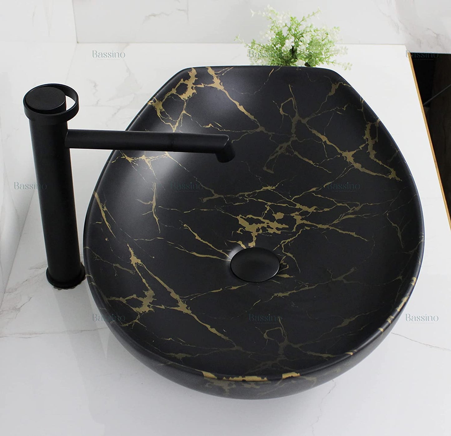 BASSINO Art Wash Basin Countertop, Tabletop Ceramic Bathroom Sink/Basin (BLACK & GOLD MATT) (550 x 400 x 155 MM) - BTT-1445