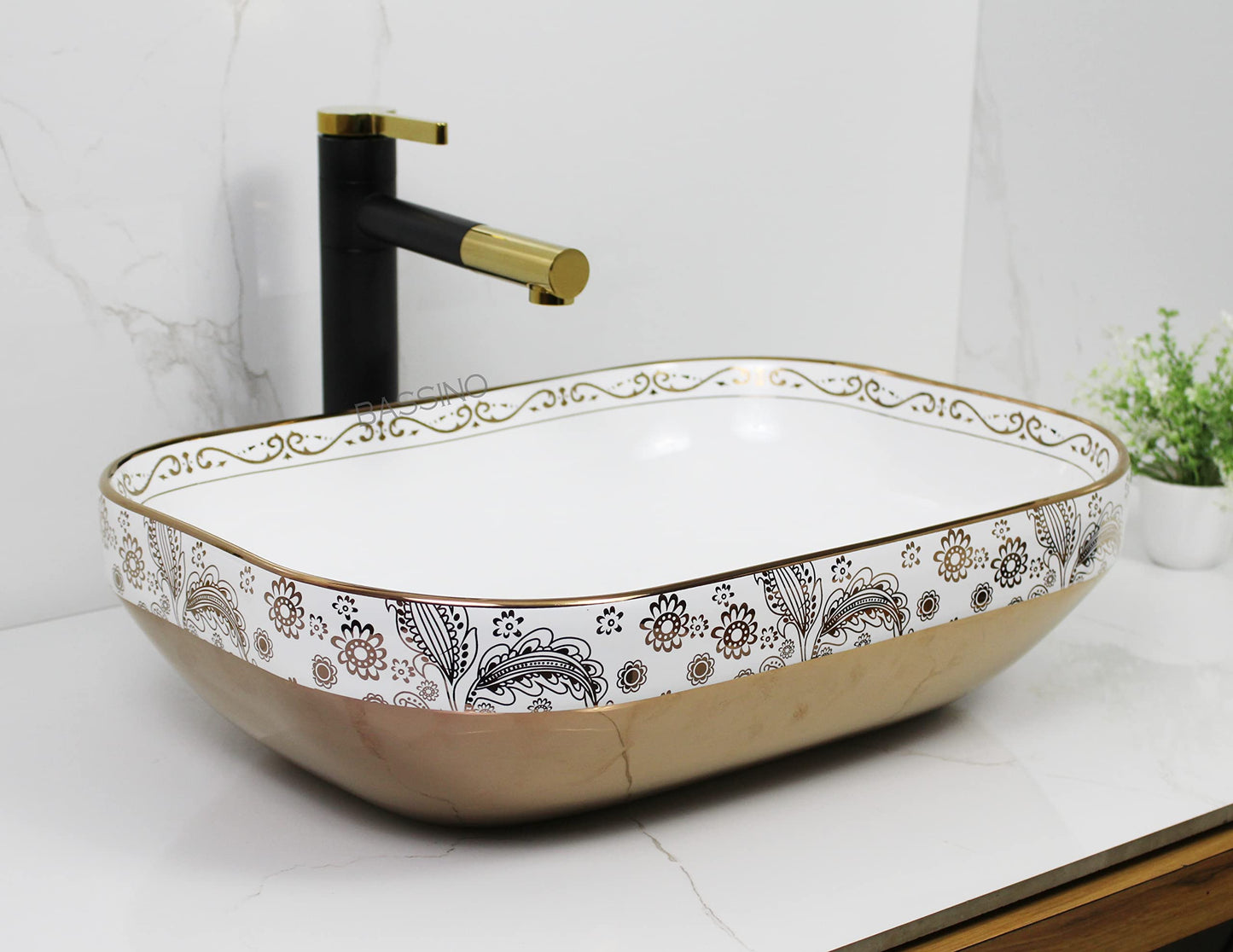 BASSINO Art Wash Basin Countertop, Tabletop Ceramic Bathroom Sink/Basin (White Rose Gold) (505x360x140mm) (BTT-1314)