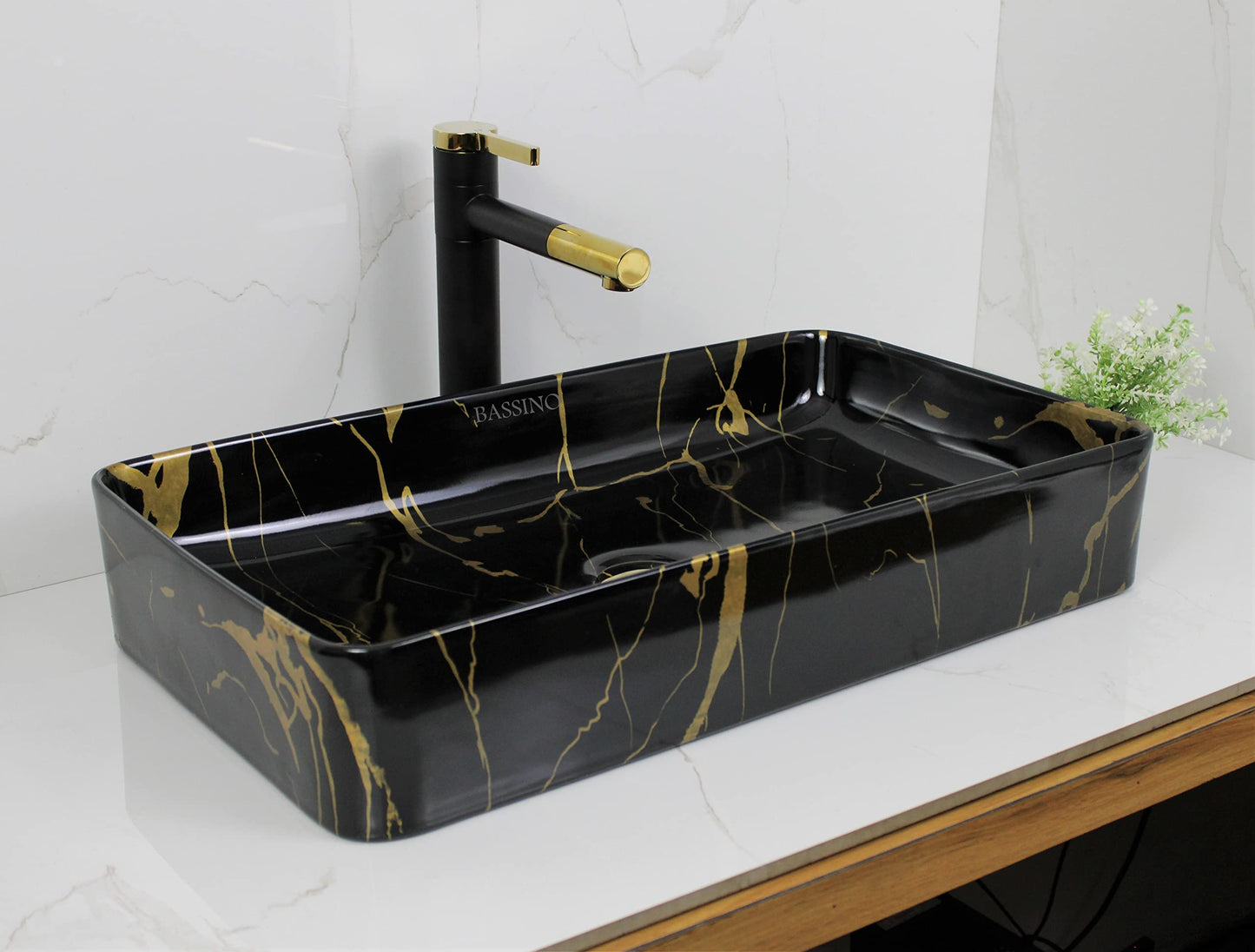 BASSINO Art Wash Basin Countertop, Tabletop Ceramic Bathroom Sink/Basin (600x350x110 mm) (BLACK GOLD)-BTT-1382