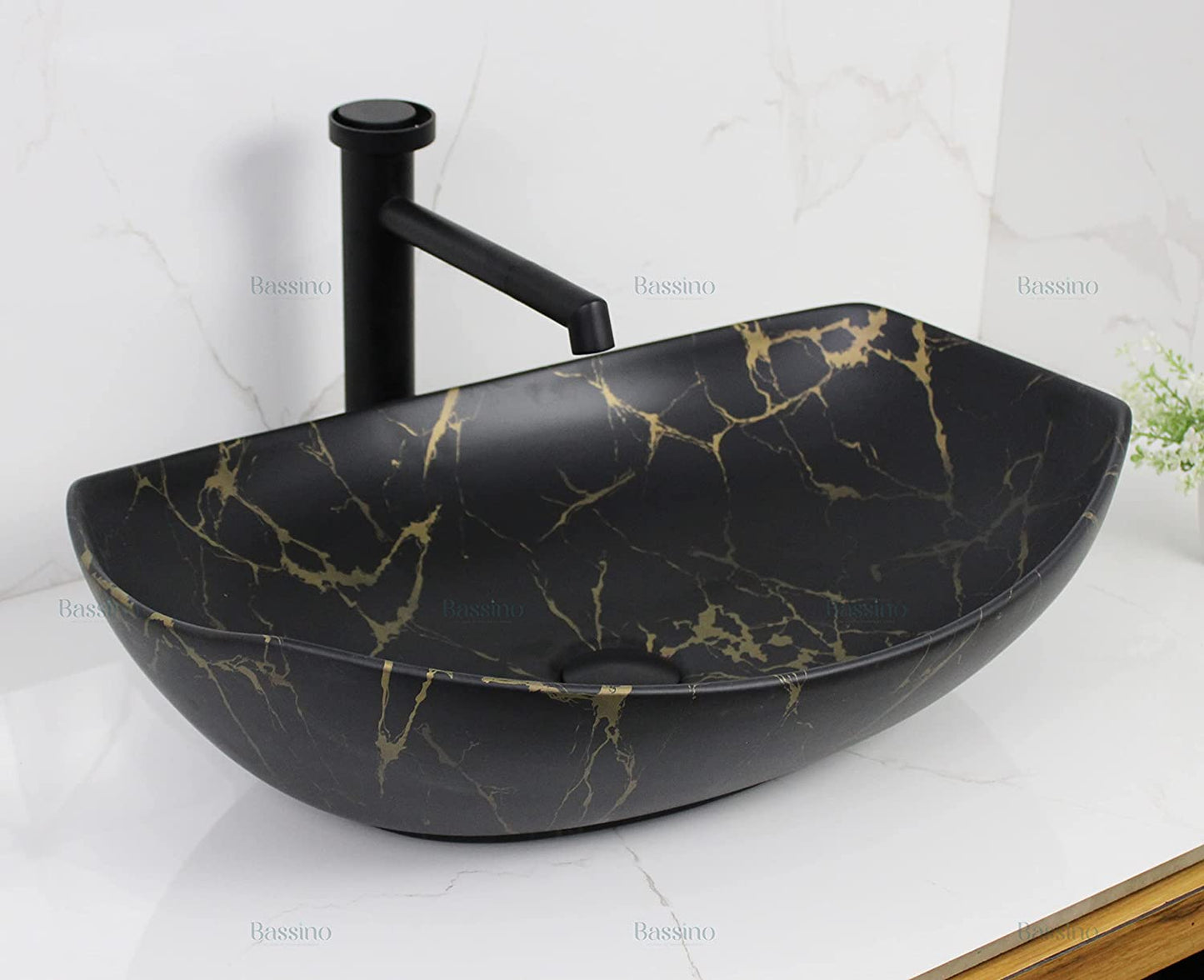 BASSINO Art Wash Basin Countertop, Tabletop Ceramic Bathroom Sink/Basin (BLACK & GOLD MATT) (550 x 400 x 155 MM) - BTT-1445