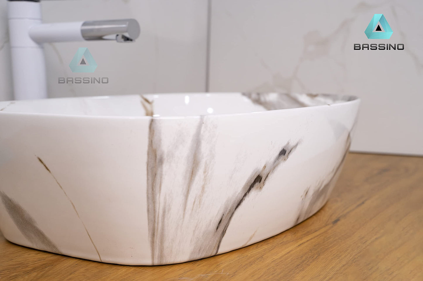 BASSINO Art Wash Basin Countertop, Tabletop Ceramic Bathroom Sink/Basin (WHITE MARBLE) (500X390X140MM)