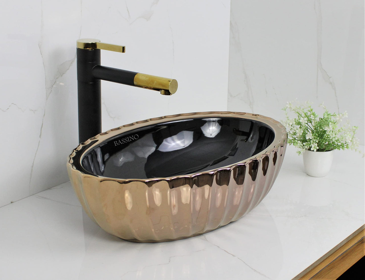 BASSINO Art Wash Basin Countertop, Tabletop Ceramic Bathroom Sink/Basin (455 x 325 x 145mm) (BLACK GOLD)