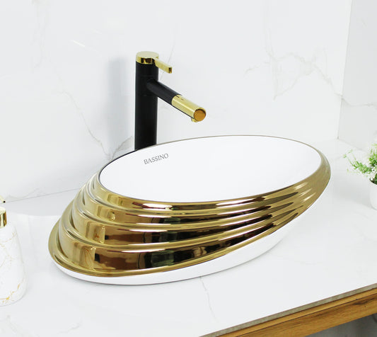 BASSINO Art Wash Basin Countertop, Tabletop Ceramic Bathroom Sink (520x380x150mm, Gold)