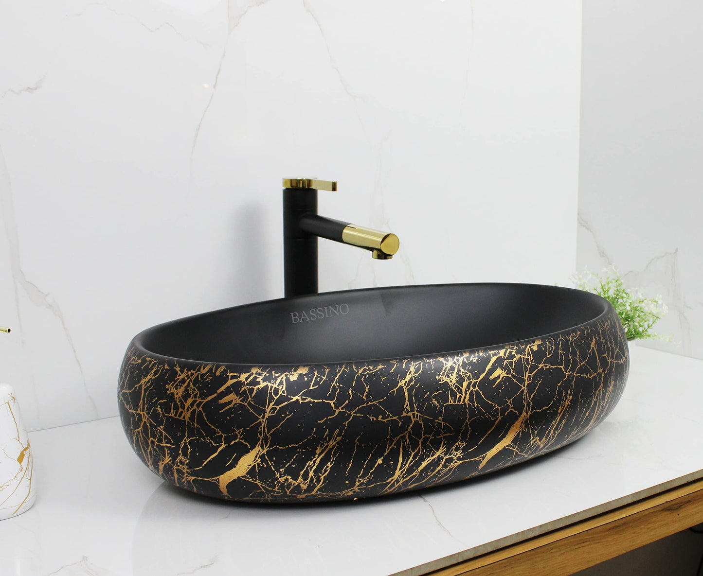 BASSINO Design Wash Basin Ceramic Tabletop Marble Bathroom Sink/Countertop Vessel Sink for Bathroom & Living Room - 600 x 400 x 150 mm (Black Gold Matt)