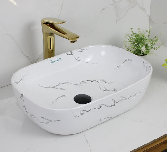 BASSINO Art Wash Basin Countertop, Tabletop Ceramic Bathroom Sink/Basin (455x325x145mm) (Marble13)