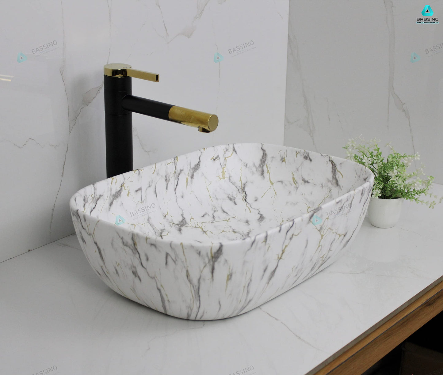 BASSINO Design Wash Basin Ceramic Tabletop Marble Bathroom Sink/Countertop Vessel Sink for Bathroom & Living Room - 455 x 325 x 145 mm (White Matt)