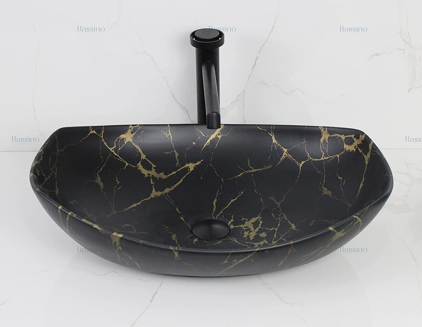 BASSINO Art Wash Basin Countertop, Tabletop Ceramic Bathroom Sink/Basin (BLACK & GOLD MATT) (550 x 400 x 155 MM) - BTT-1445